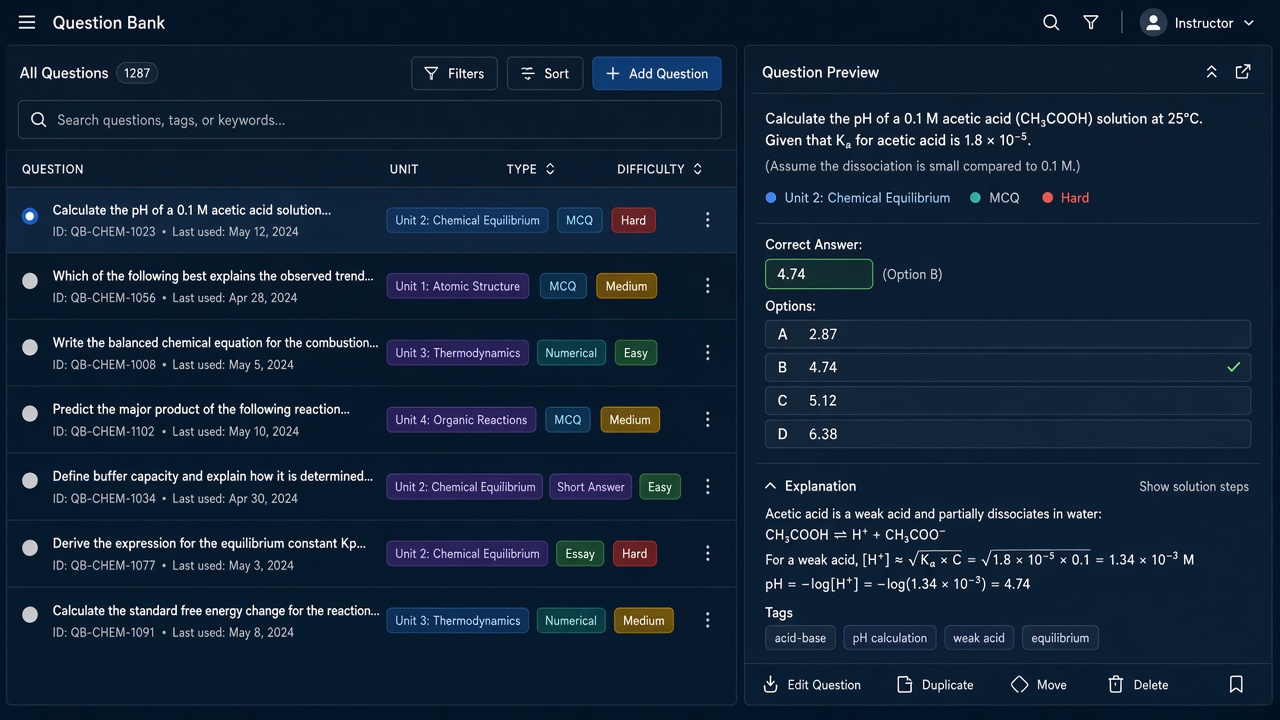 题库整理界面示意：列表 + 标签 + 预览 / Bank UI: list + tags + preview