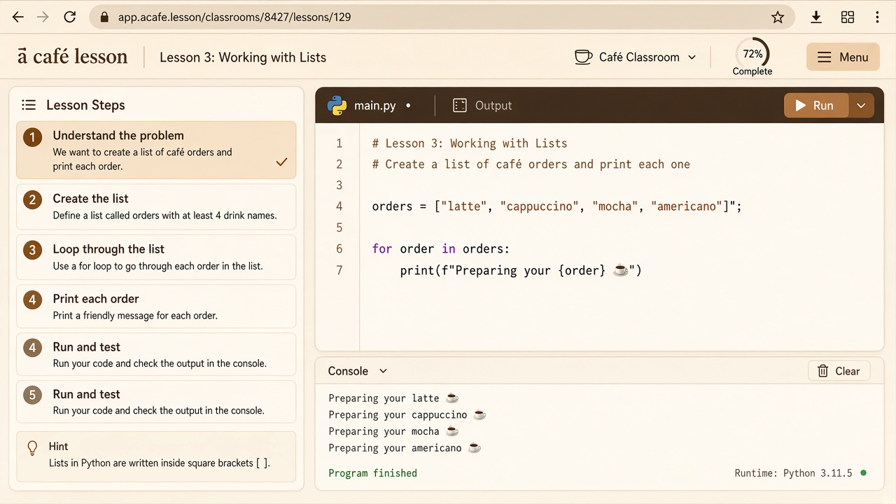 课堂界面示意:左侧任务,右侧写跑 / Class UI: tasks left, code-and-run right